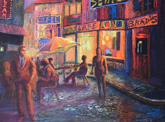 Drawing of street scene with man waiting